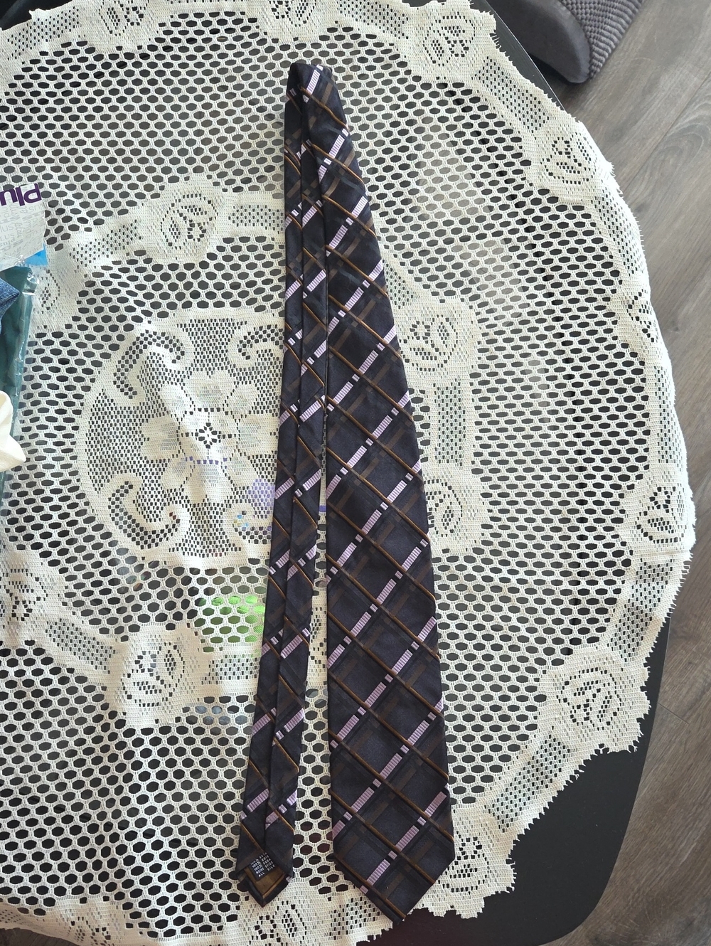 Salvatore Valeriano 100% SILK Men's Black Tie with Purple Check and Brown Accent